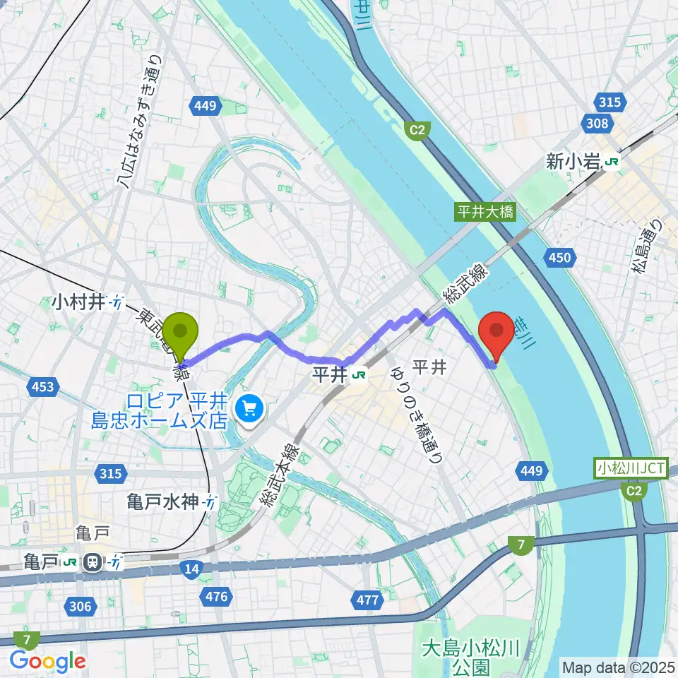 東あずま駅から小松川少年野球場へのルートマップ地図