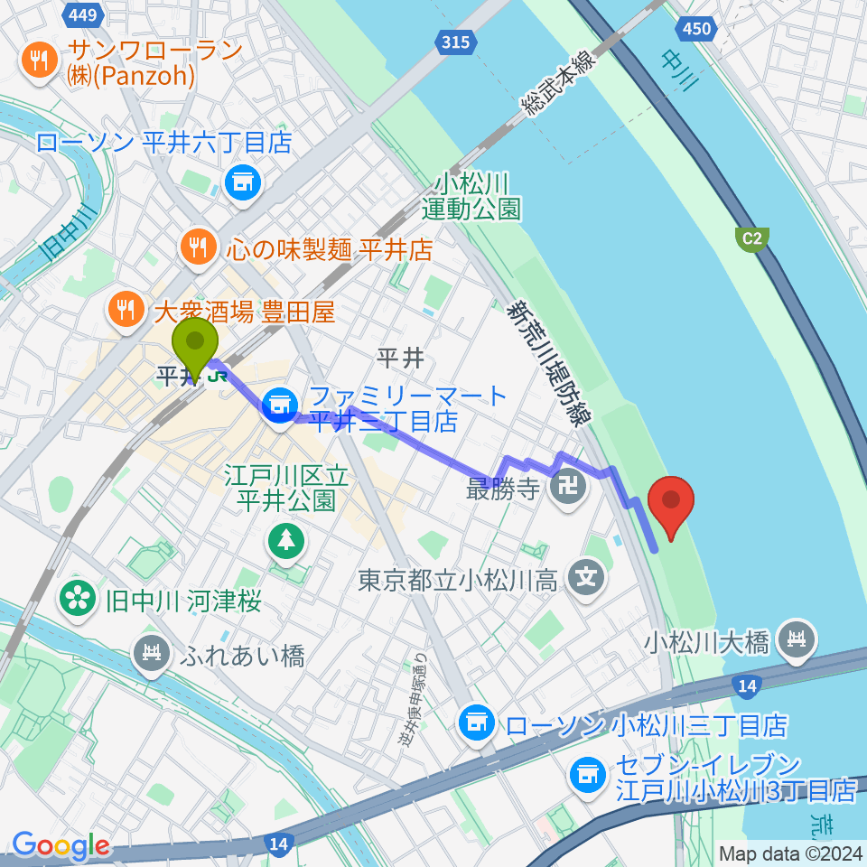小松川橋上流野球場の最寄駅平井駅からの徒歩ルート（約18分）地図