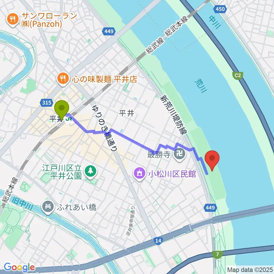 小松川橋上流野球場の最寄駅平井駅からの徒歩ルート（約18分）地図