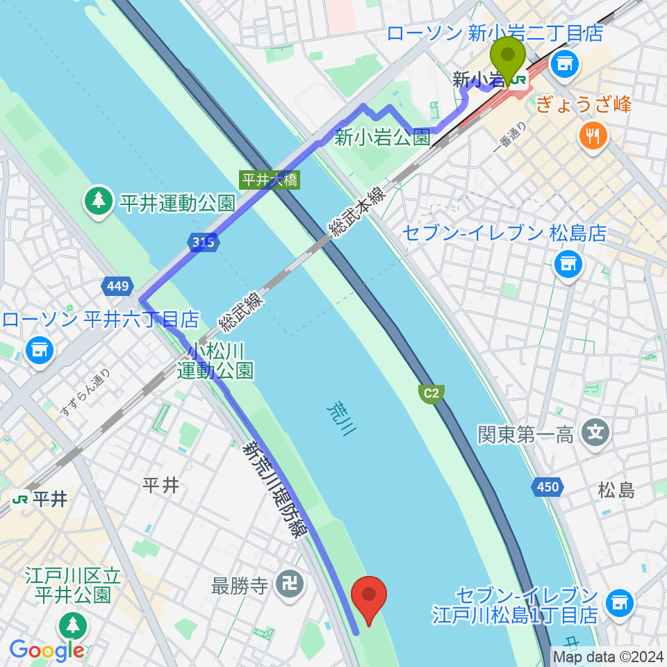 新小岩駅から小松川橋上流野球場へのルートマップ地図