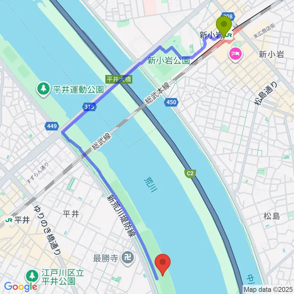 新小岩駅から小松川橋上流野球場へのルートマップ地図