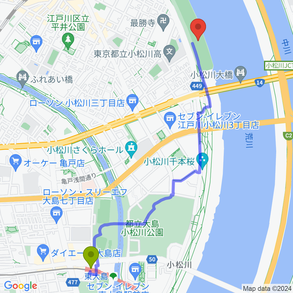 東大島駅から小松川橋上流野球場へのルートマップ地図
