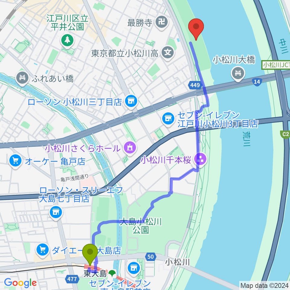東大島駅から小松川橋上流野球場へのルートマップ地図