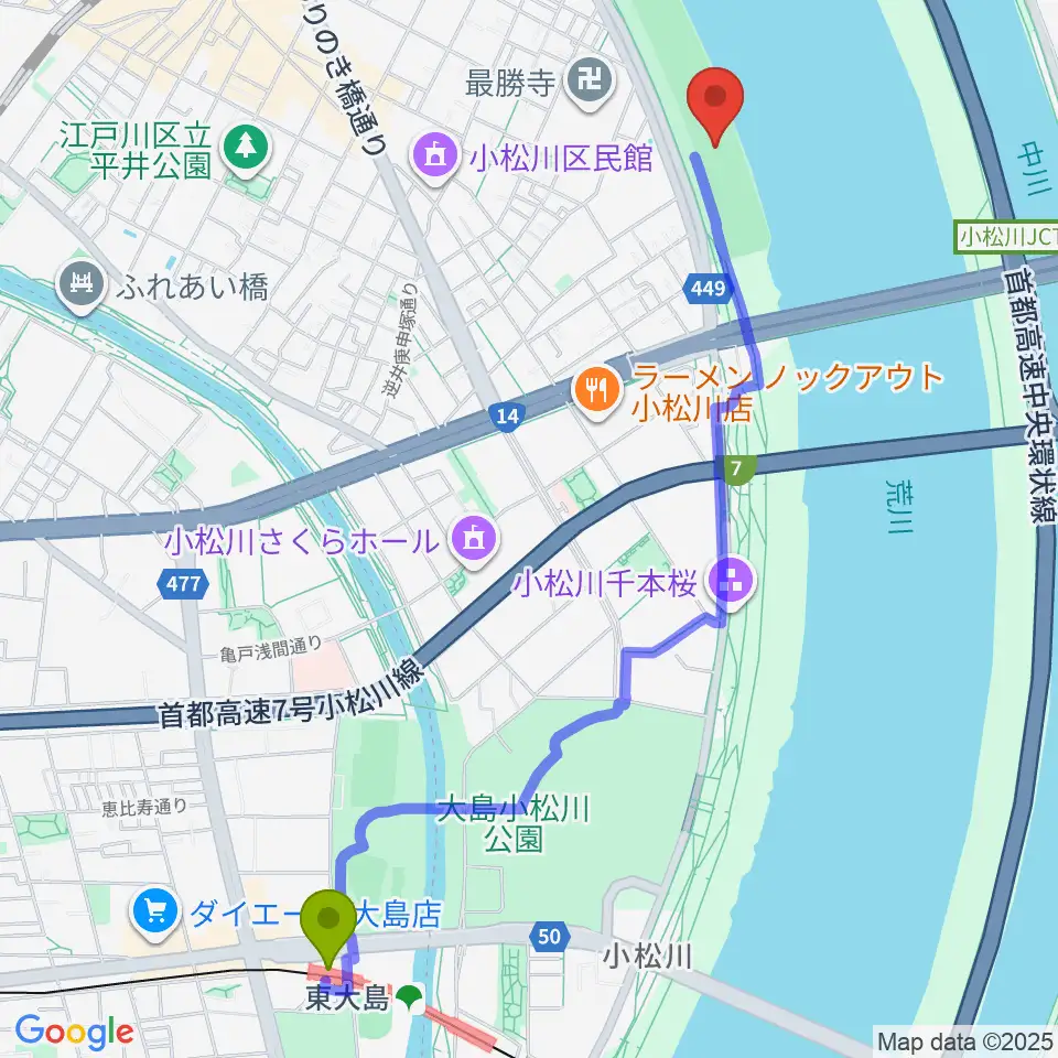 東大島駅から小松川橋上流野球場へのルートマップ地図