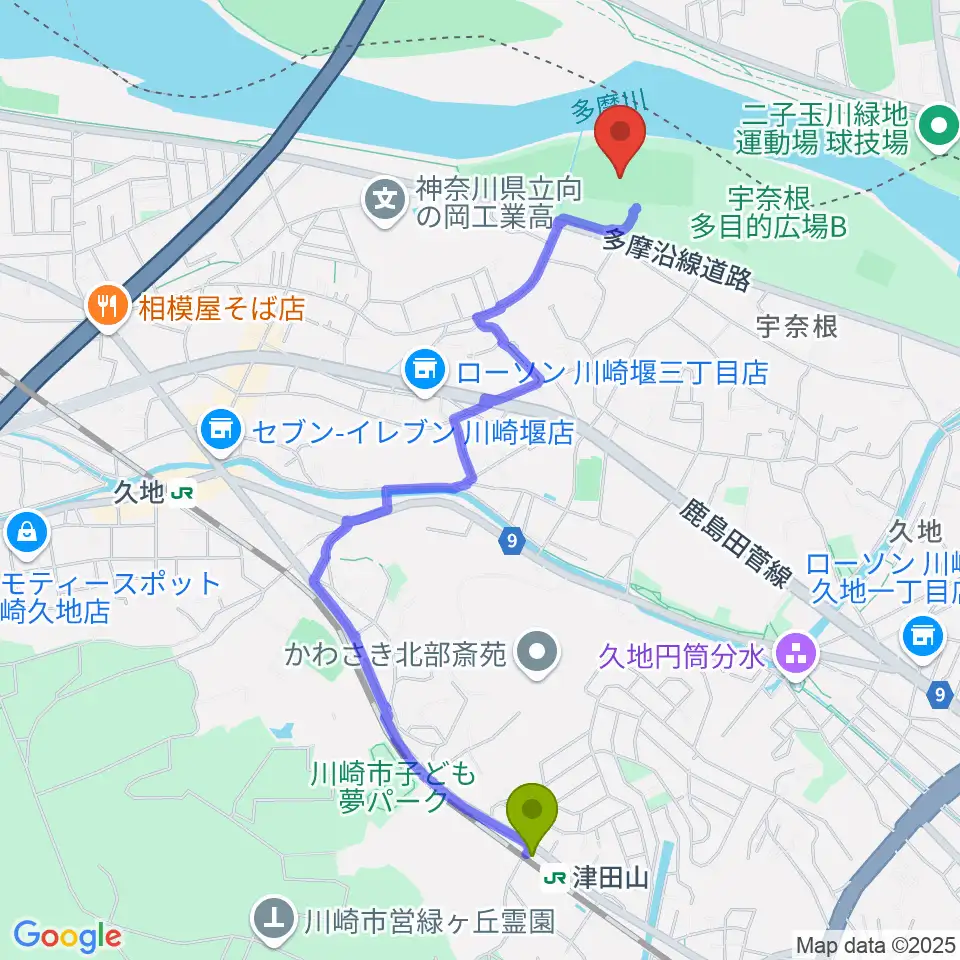 津田山駅から宇奈根野球場へのルートマップ地図