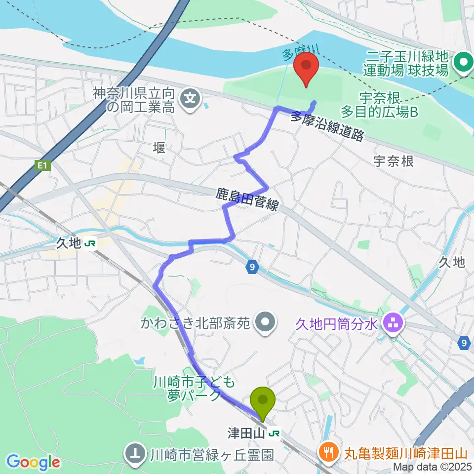 津田山駅から宇奈根野球場へのルートマップ地図