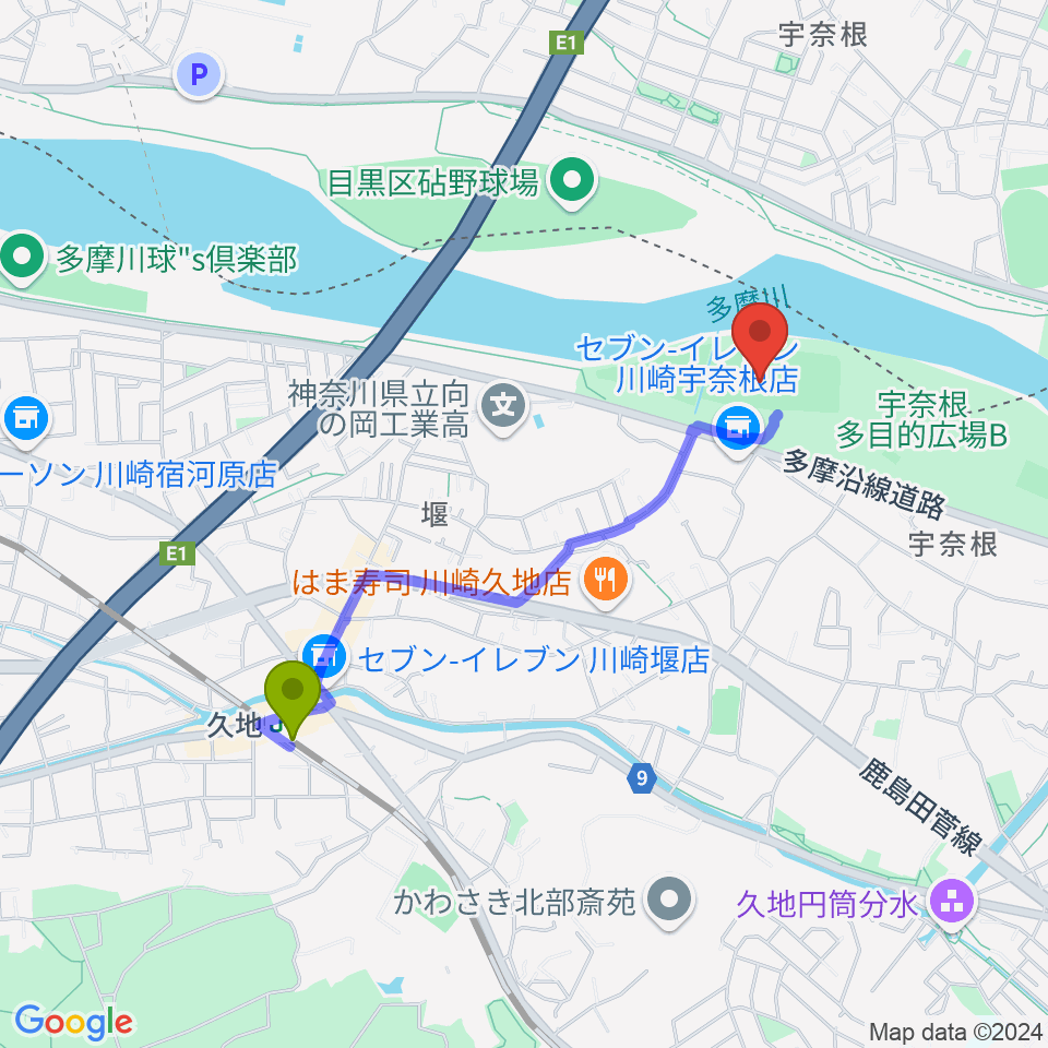 宇奈根野球場の最寄駅久地駅からの徒歩ルート（約17分）地図