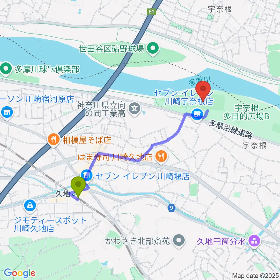 宇奈根野球場の最寄駅久地駅からの徒歩ルート（約17分）地図