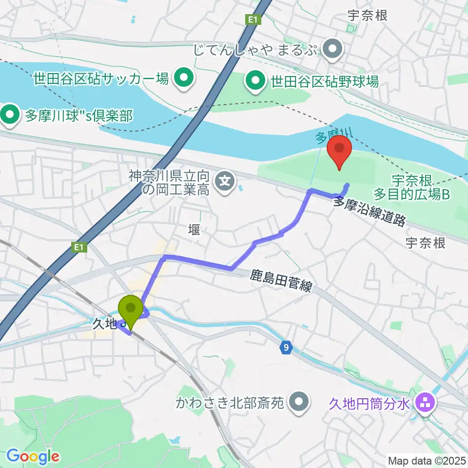 宇奈根野球場の最寄駅久地駅からの徒歩ルート（約17分）地図