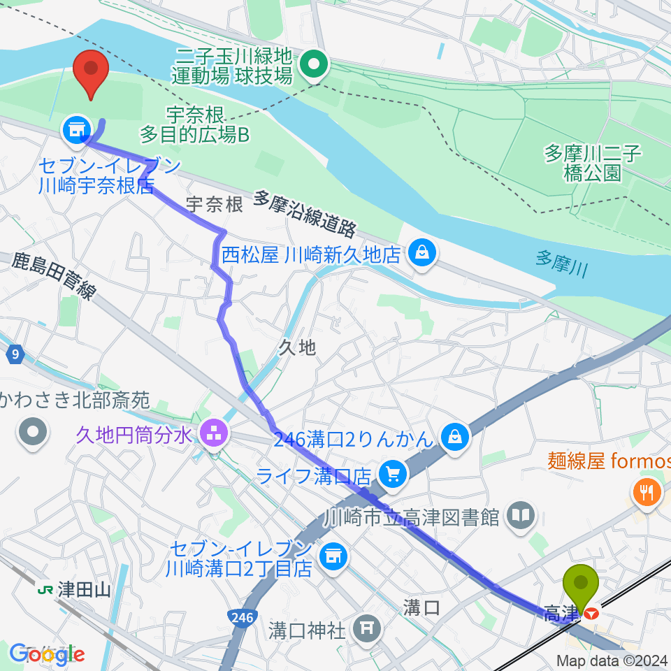 高津駅から宇奈根野球場へのルートマップ地図