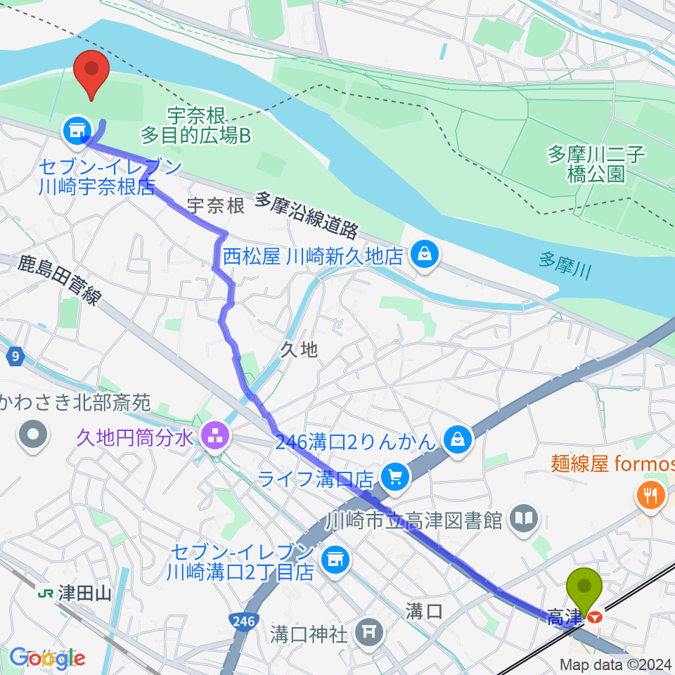高津駅から宇奈根野球場へのルートマップ地図