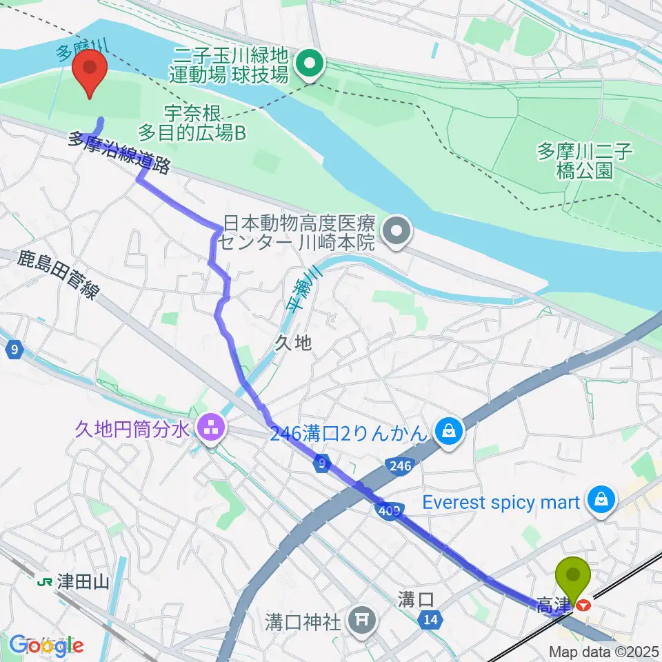 高津駅から宇奈根野球場へのルートマップ地図