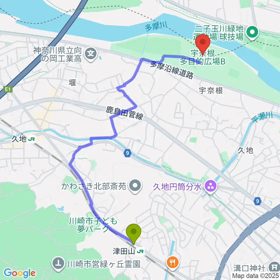 津田山駅から宇奈根多目的広場へのルートマップ地図