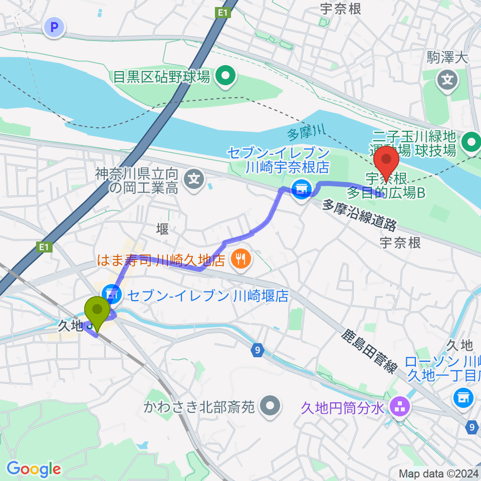 宇奈根多目的広場の最寄駅久地駅からの徒歩ルート（約21分）地図