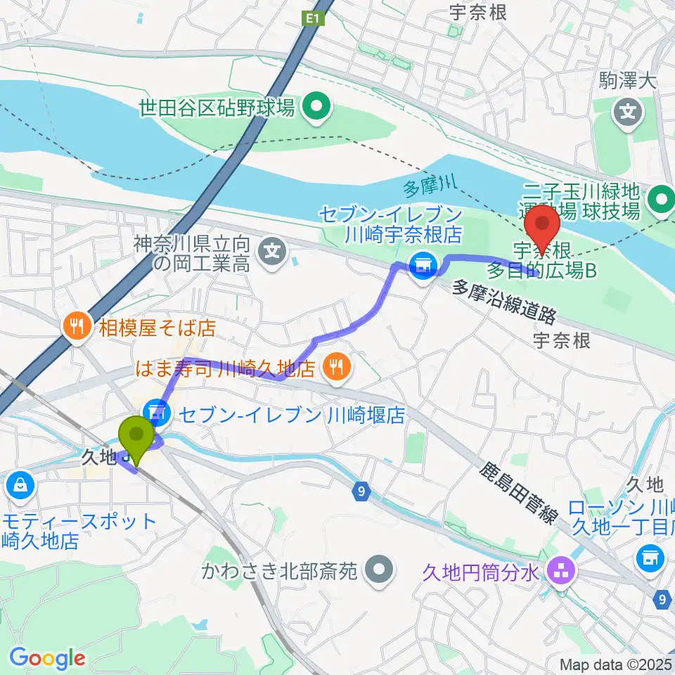 宇奈根多目的広場の最寄駅久地駅からの徒歩ルート（約21分）地図