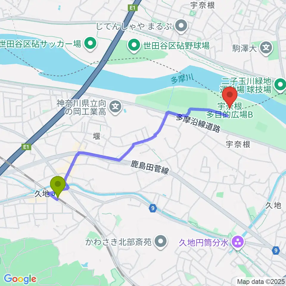 宇奈根多目的広場の最寄駅久地駅からの徒歩ルート（約21分）地図