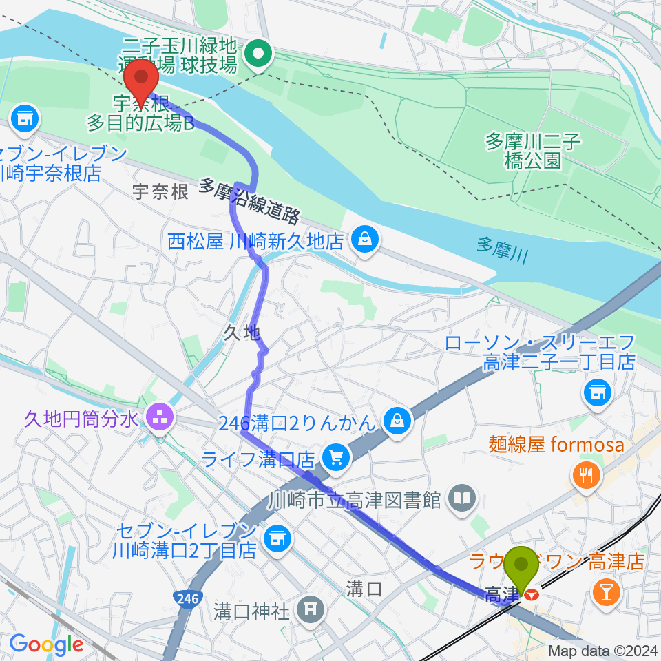 高津駅から宇奈根多目的広場へのルートマップ地図