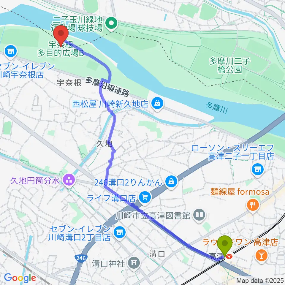 高津駅から宇奈根多目的広場へのルートマップ地図