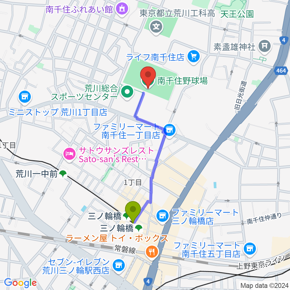 三ノ輪橋駅から南千住野球場へのルートマップ地図