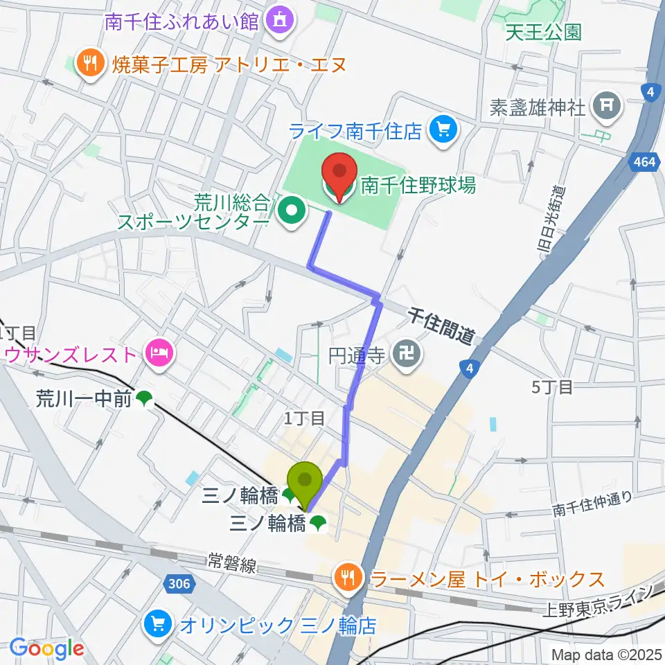 三ノ輪橋駅から南千住野球場へのルートマップ地図