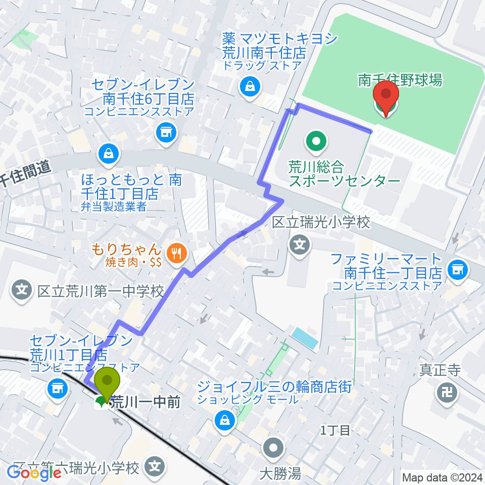 南千住野球場の最寄駅荒川一中前駅からの徒歩ルート（約6分）地図