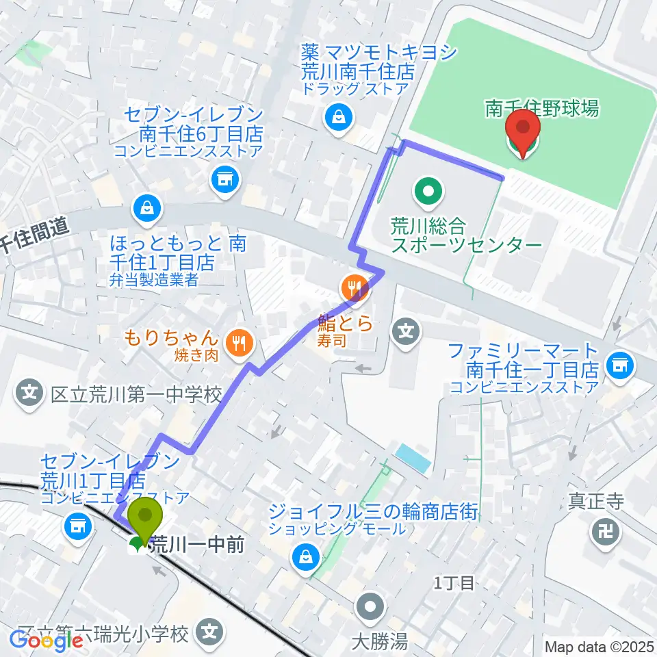 南千住野球場の最寄駅荒川一中前駅からの徒歩ルート（約6分）地図