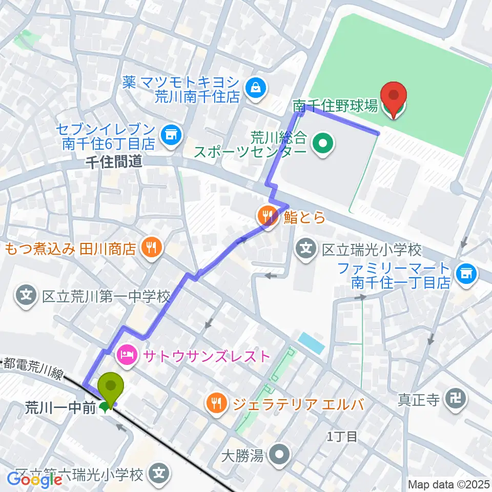 南千住野球場の最寄駅荒川一中前駅からの徒歩ルート（約6分）地図
