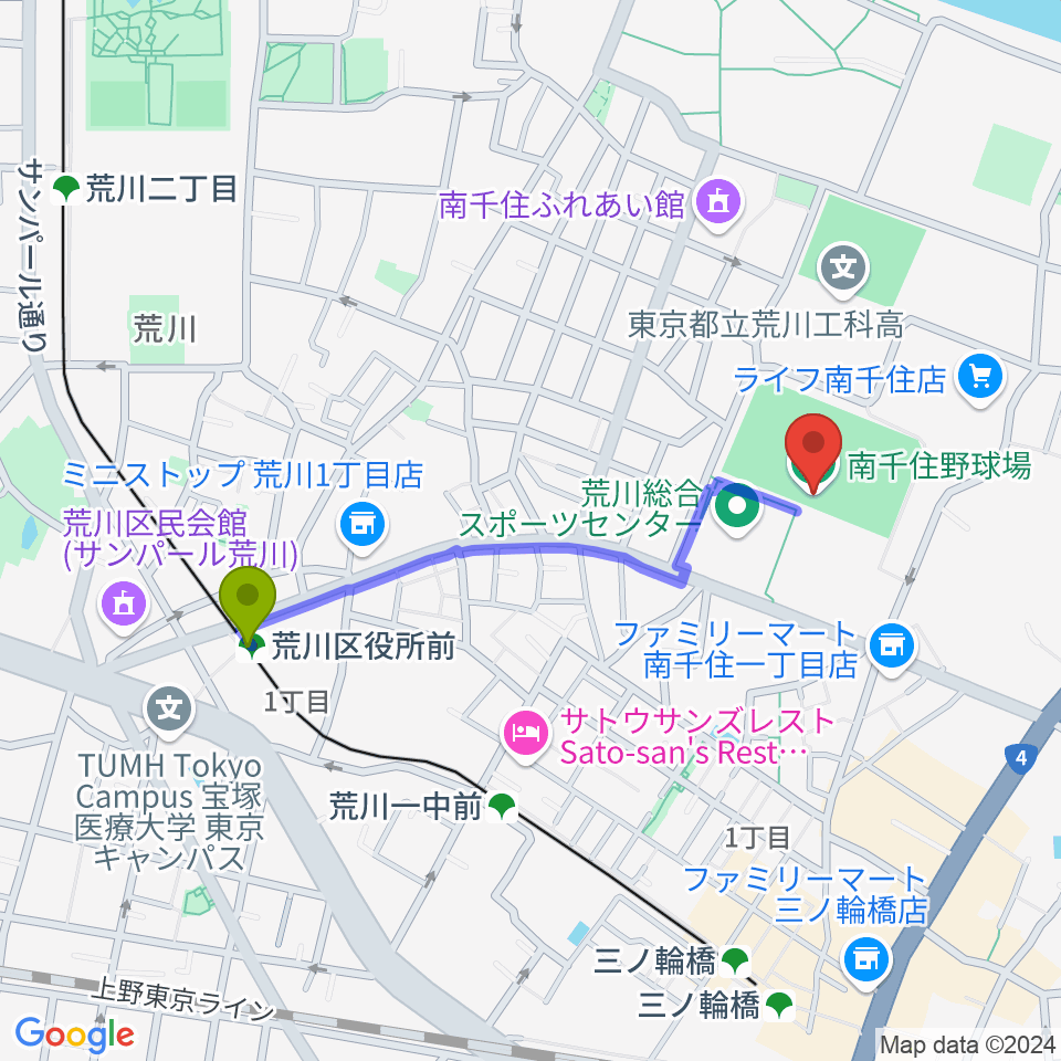 荒川区役所前駅から南千住野球場へのルートマップ地図