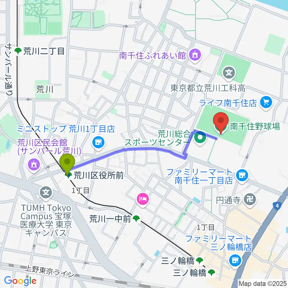 荒川区役所前駅から南千住野球場へのルートマップ地図