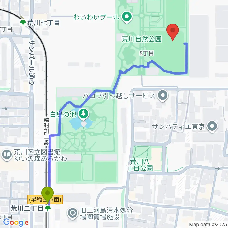 荒川二丁目駅から荒川自然公園野球場へのルートマップ地図