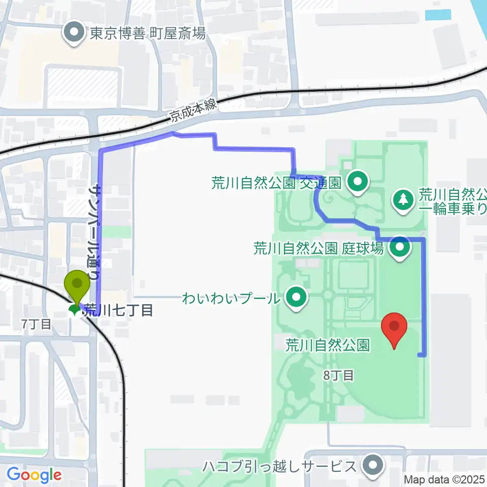 荒川自然公園野球場の最寄駅荒川七丁目駅からの徒歩ルート（約5分）地図