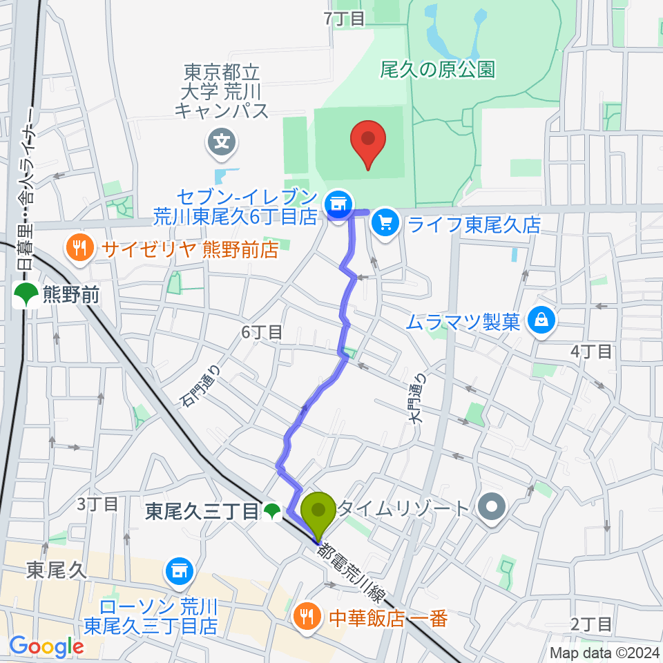 東尾久運動場多目的広場の最寄駅東尾久三丁目駅からの徒歩ルート（約9分）地図