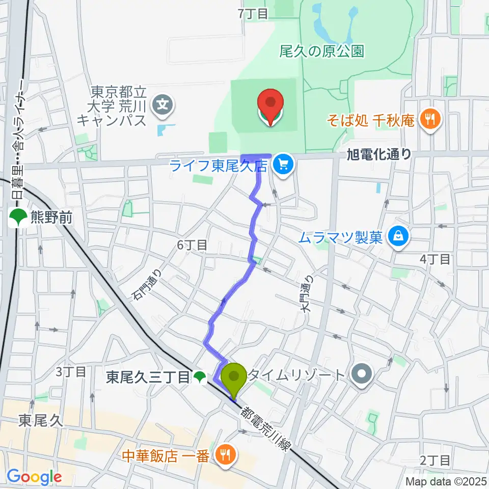 東尾久運動場多目的広場の最寄駅東尾久三丁目駅からの徒歩ルート（約9分）地図