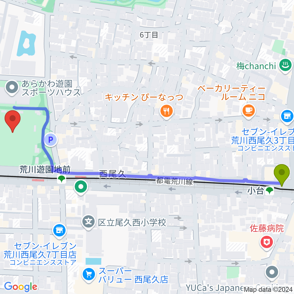 小台駅からあらかわ遊園運動場へのルートマップ地図