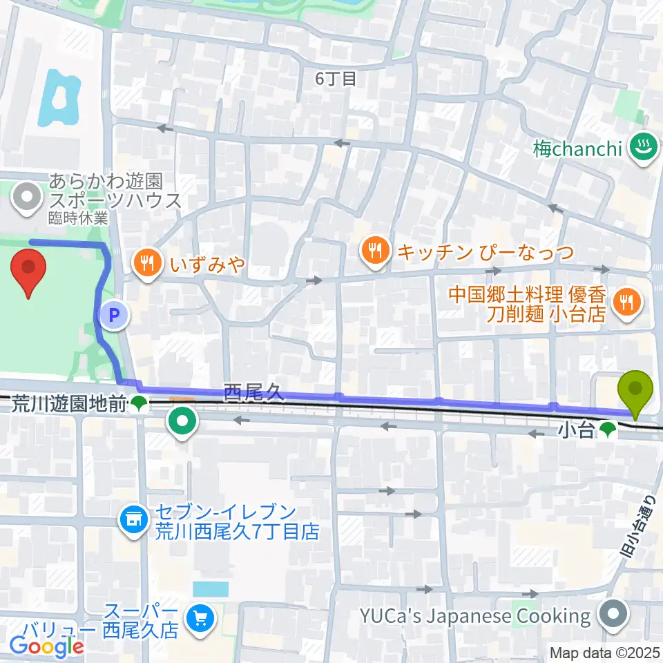 小台駅からあらかわ遊園運動場へのルートマップ地図
