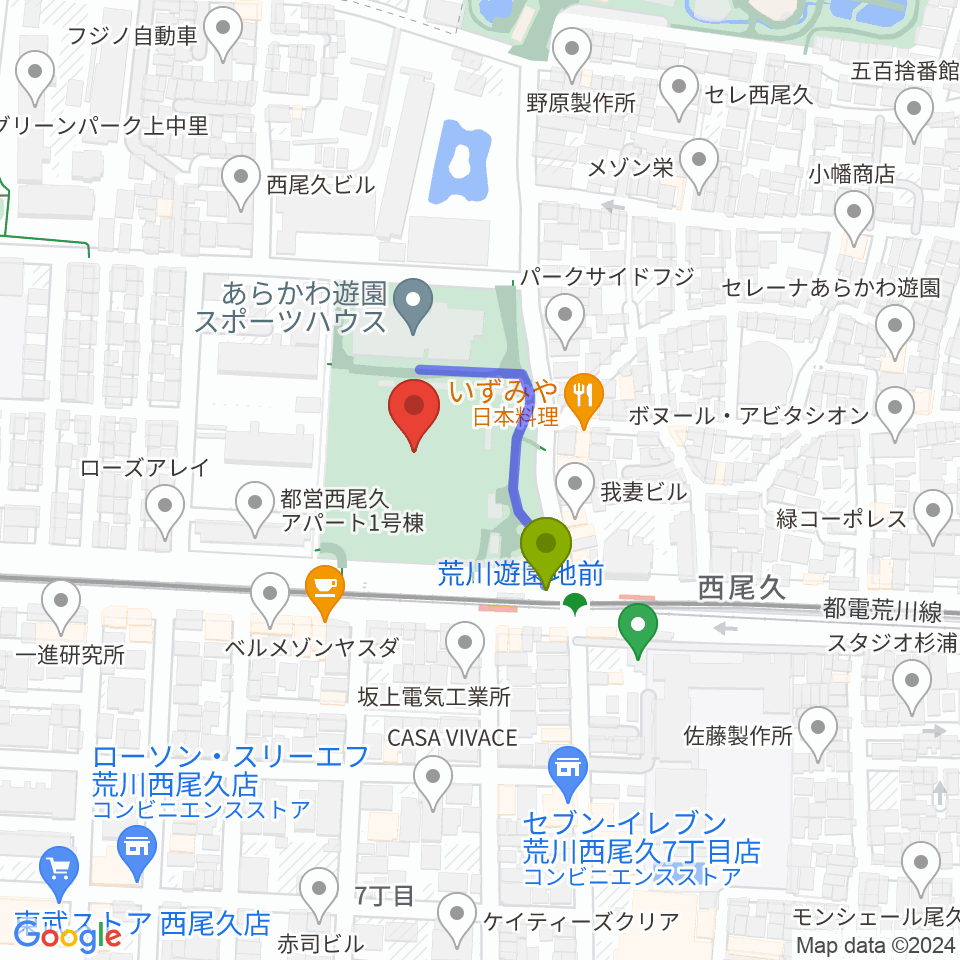 あらかわ遊園運動場の最寄駅荒川遊園地前駅からの徒歩ルート（約2分）地図