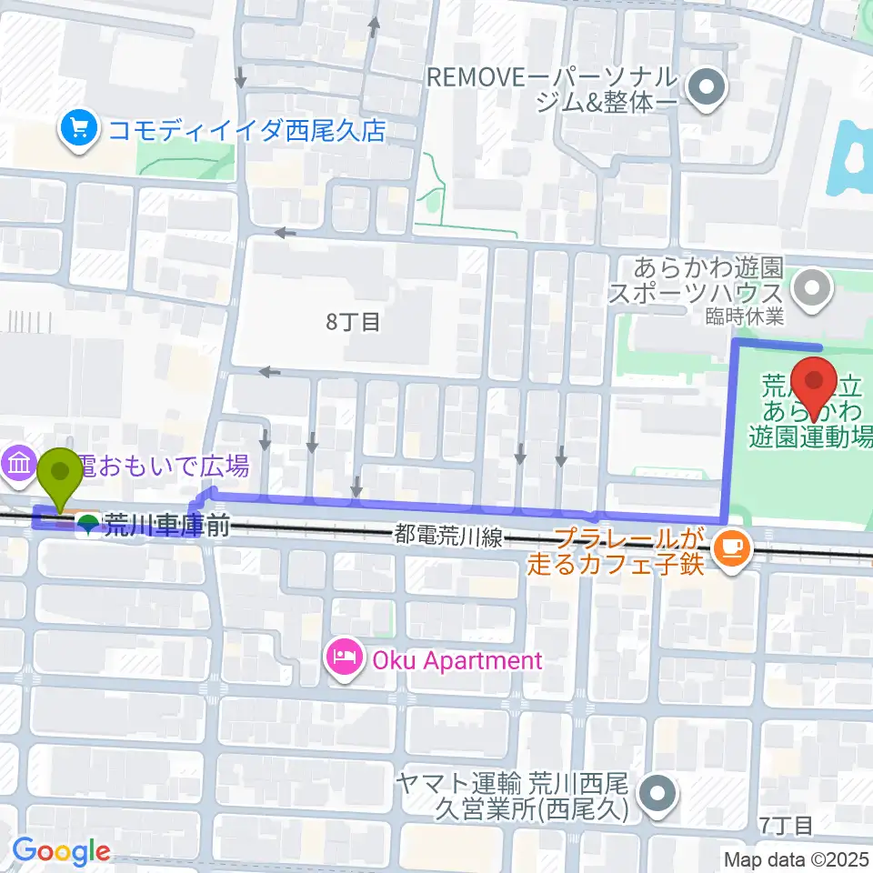 荒川車庫前駅からあらかわ遊園運動場へのルートマップ地図