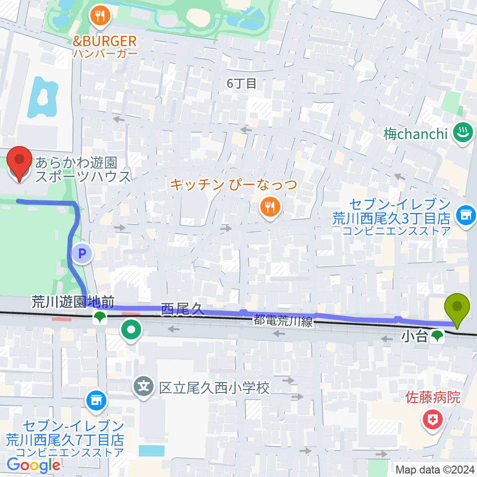 小台駅からあらかわ遊園スポーツハウスへのルートマップ地図