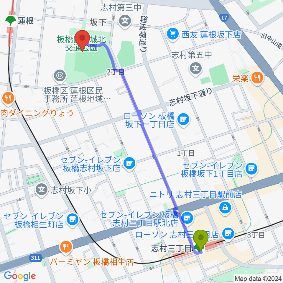 志村三丁目駅から板橋区立城北野球場へのルートマップ地図