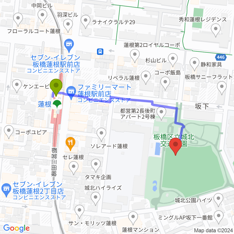 板橋区立城北野球場の最寄駅蓮根駅からの徒歩ルート（約4分）地図