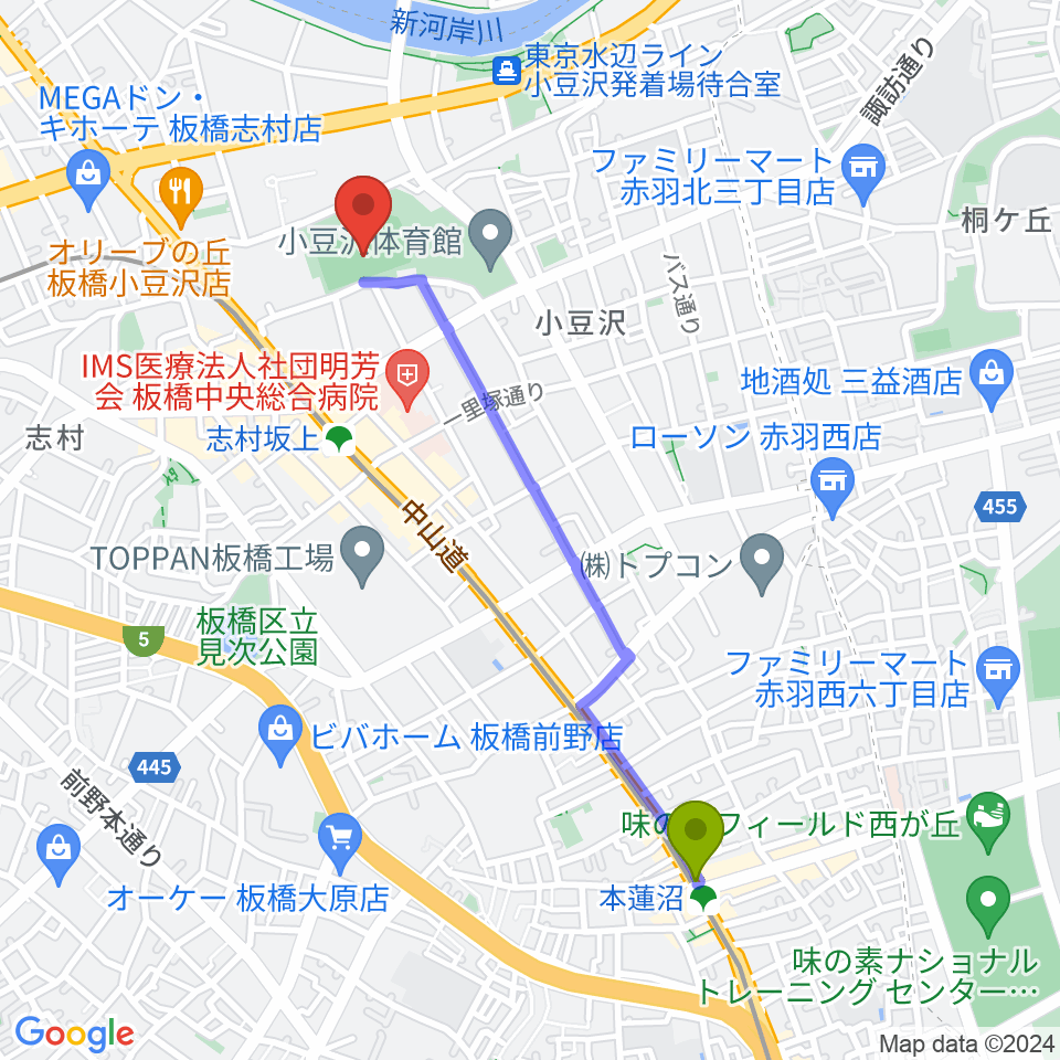 本蓮沼駅から小豆沢野球場へのルートマップ地図