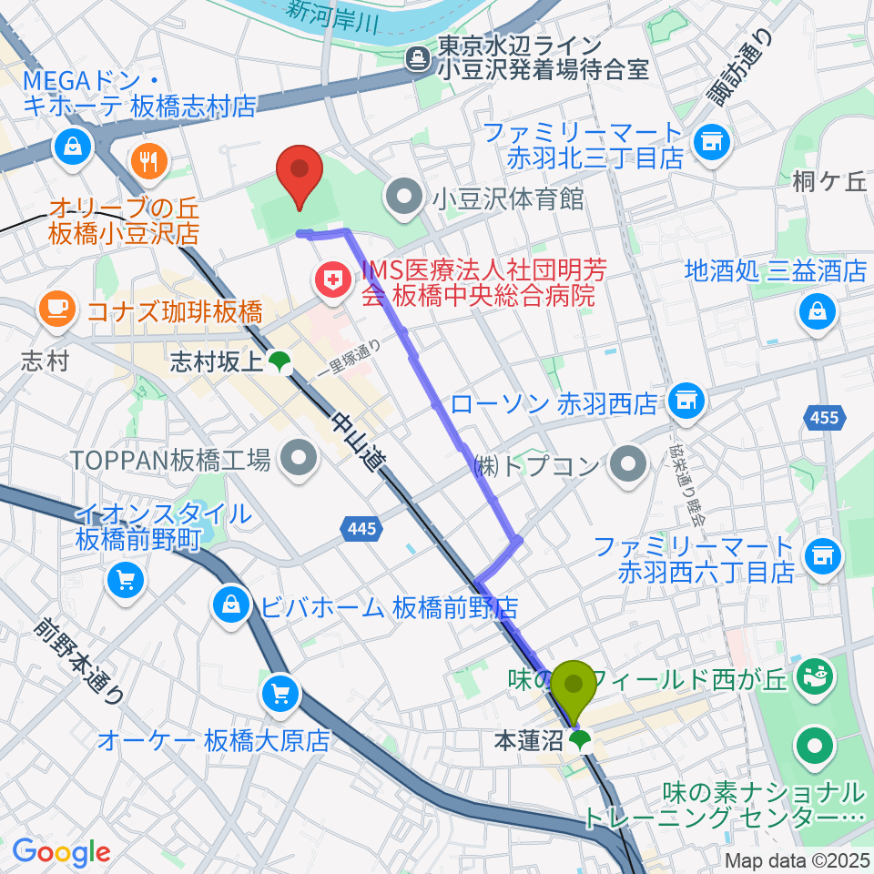 本蓮沼駅から小豆沢野球場へのルートマップ地図