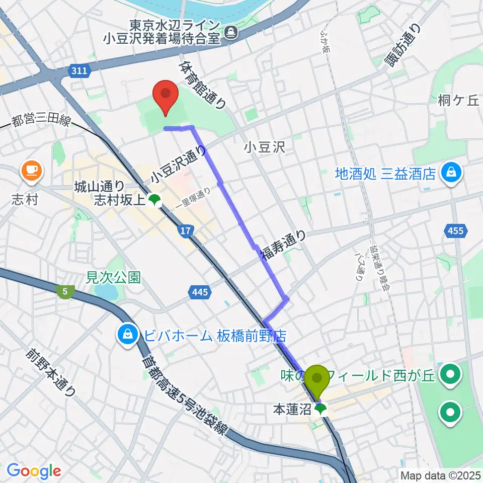 本蓮沼駅から小豆沢野球場へのルートマップ地図