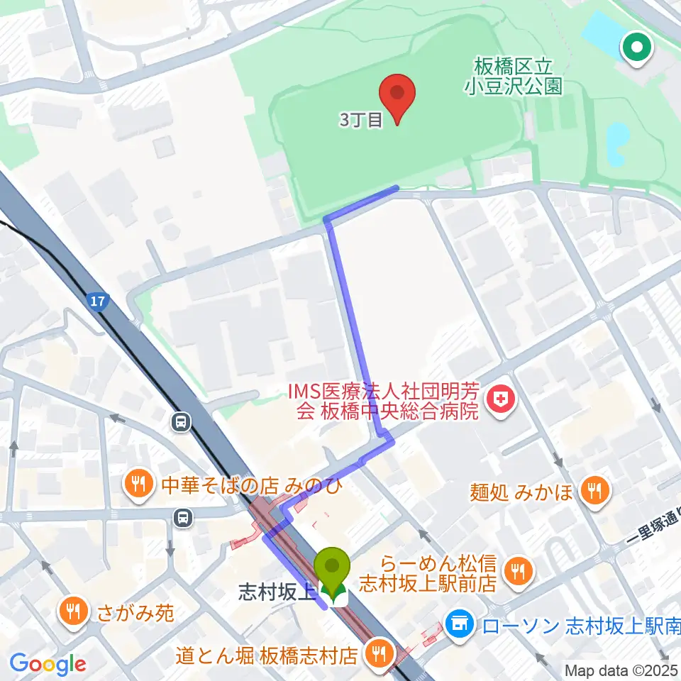 小豆沢野球場の最寄駅志村坂上駅からの徒歩ルート（約5分）地図