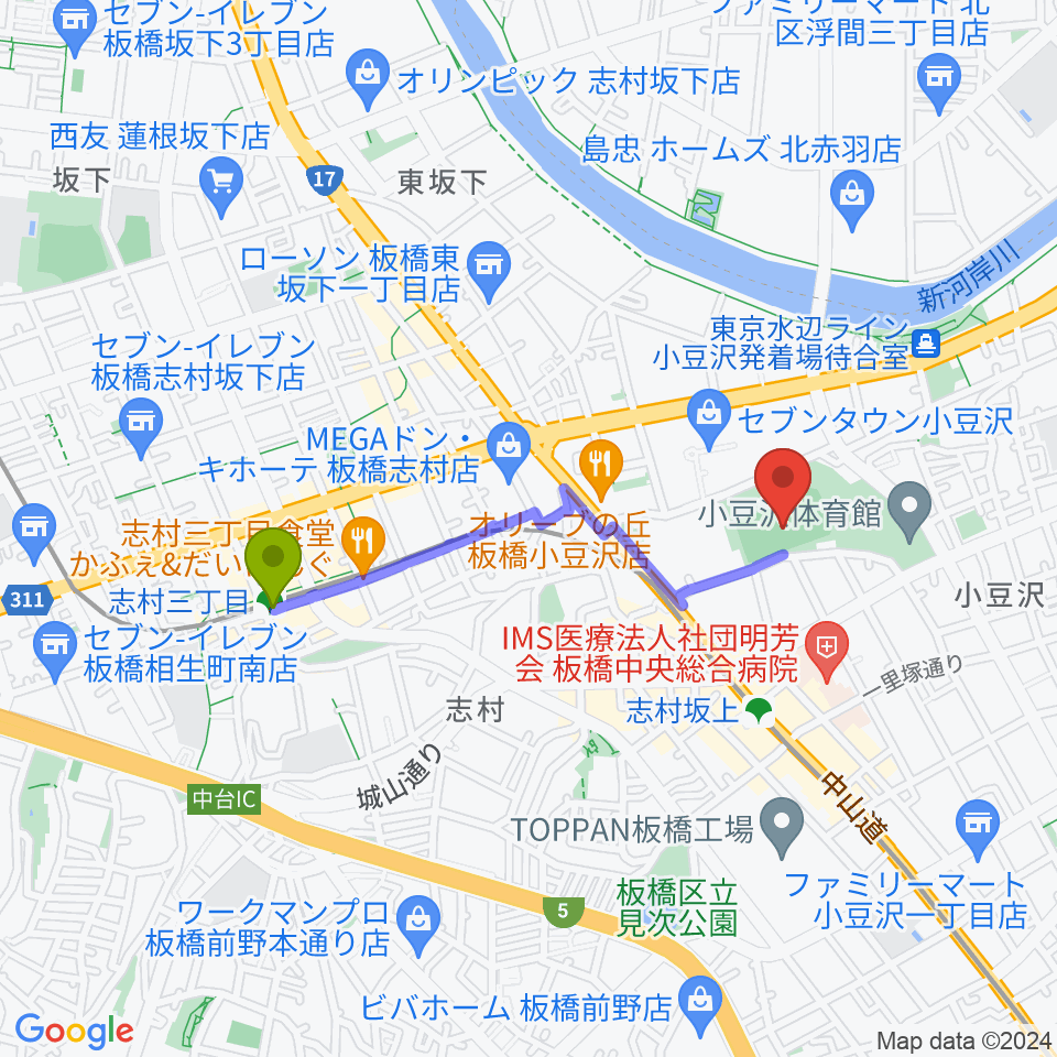 志村三丁目駅から小豆沢野球場へのルートマップ地図