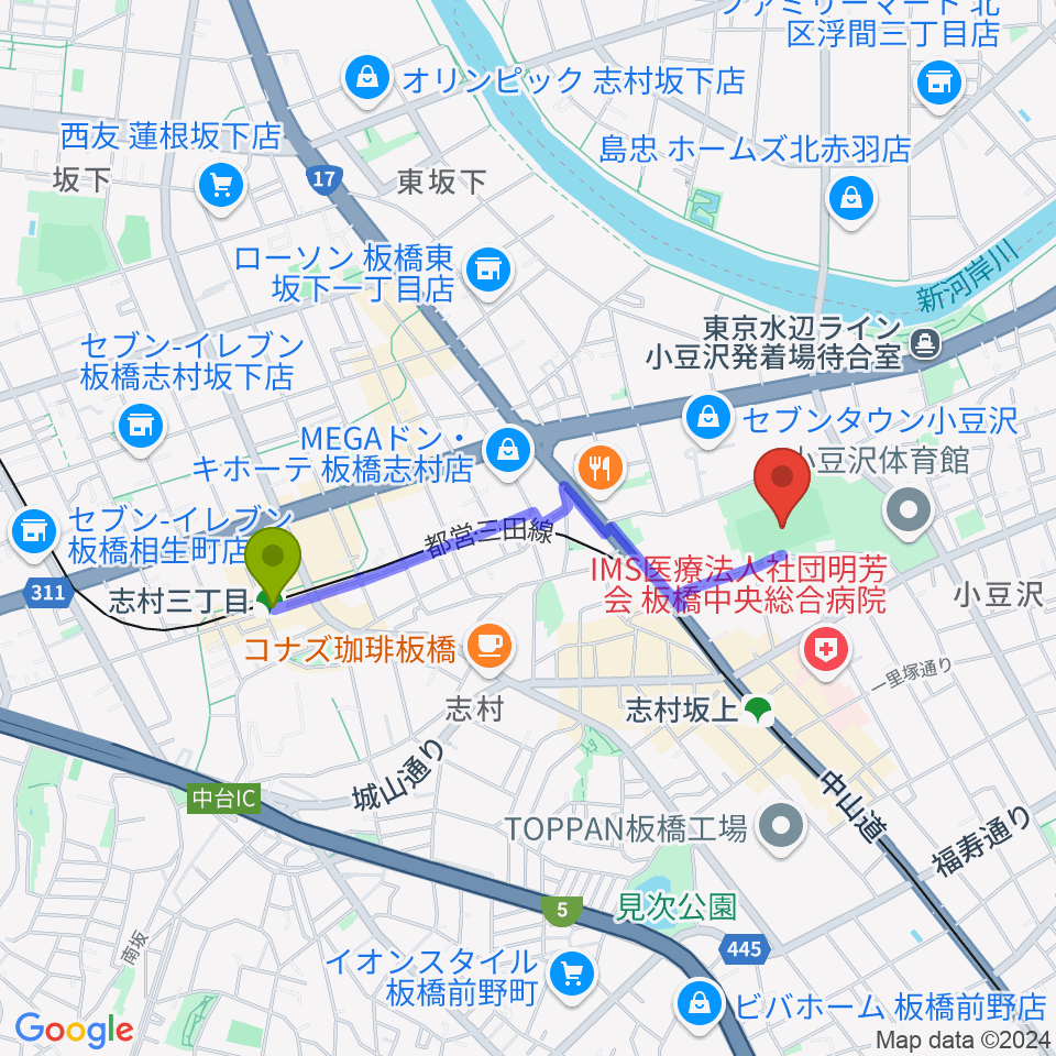 志村三丁目駅から小豆沢野球場へのルートマップ地図