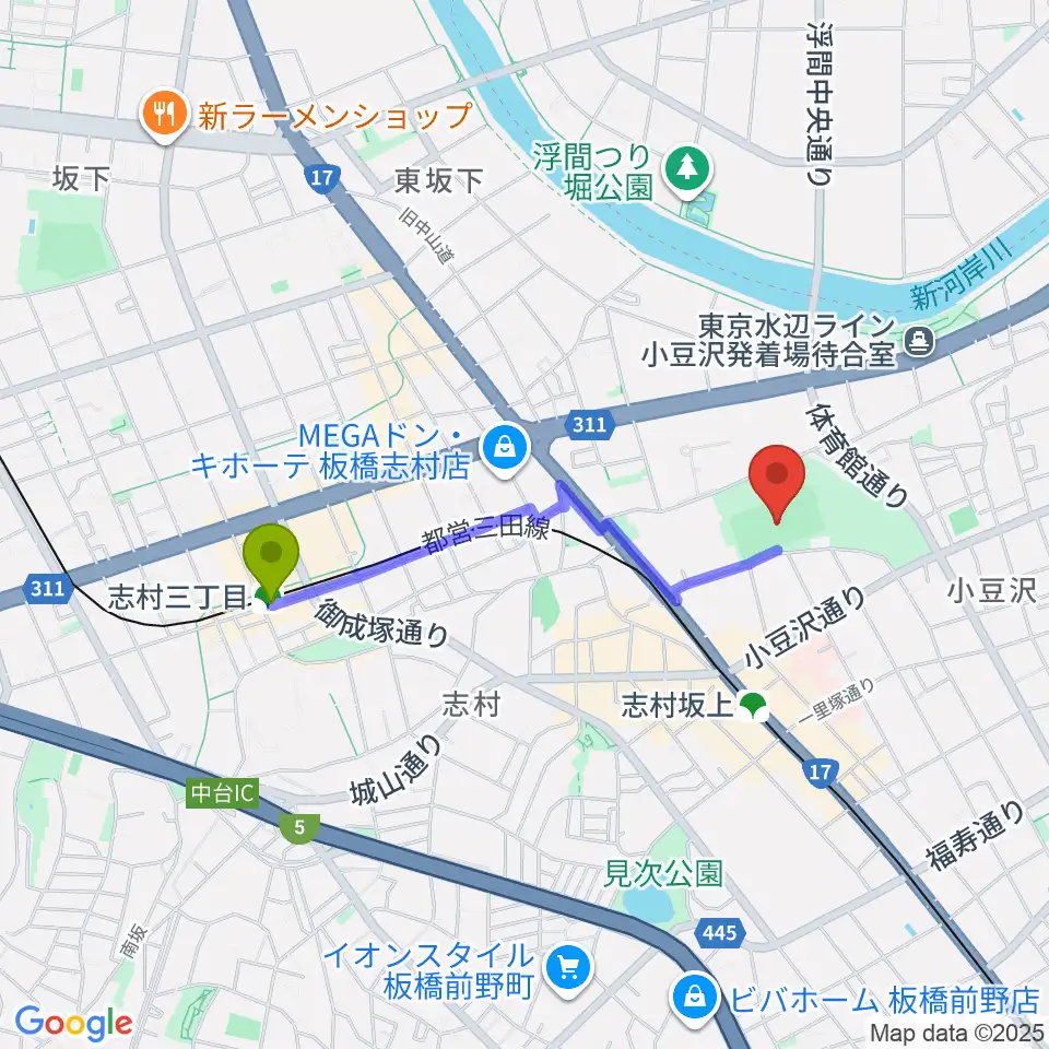 志村三丁目駅から小豆沢野球場へのルートマップ地図