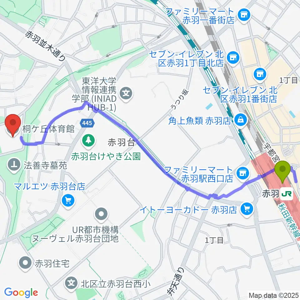 桐ケ丘体育館の最寄駅赤羽駅からの徒歩ルート（約14分）地図