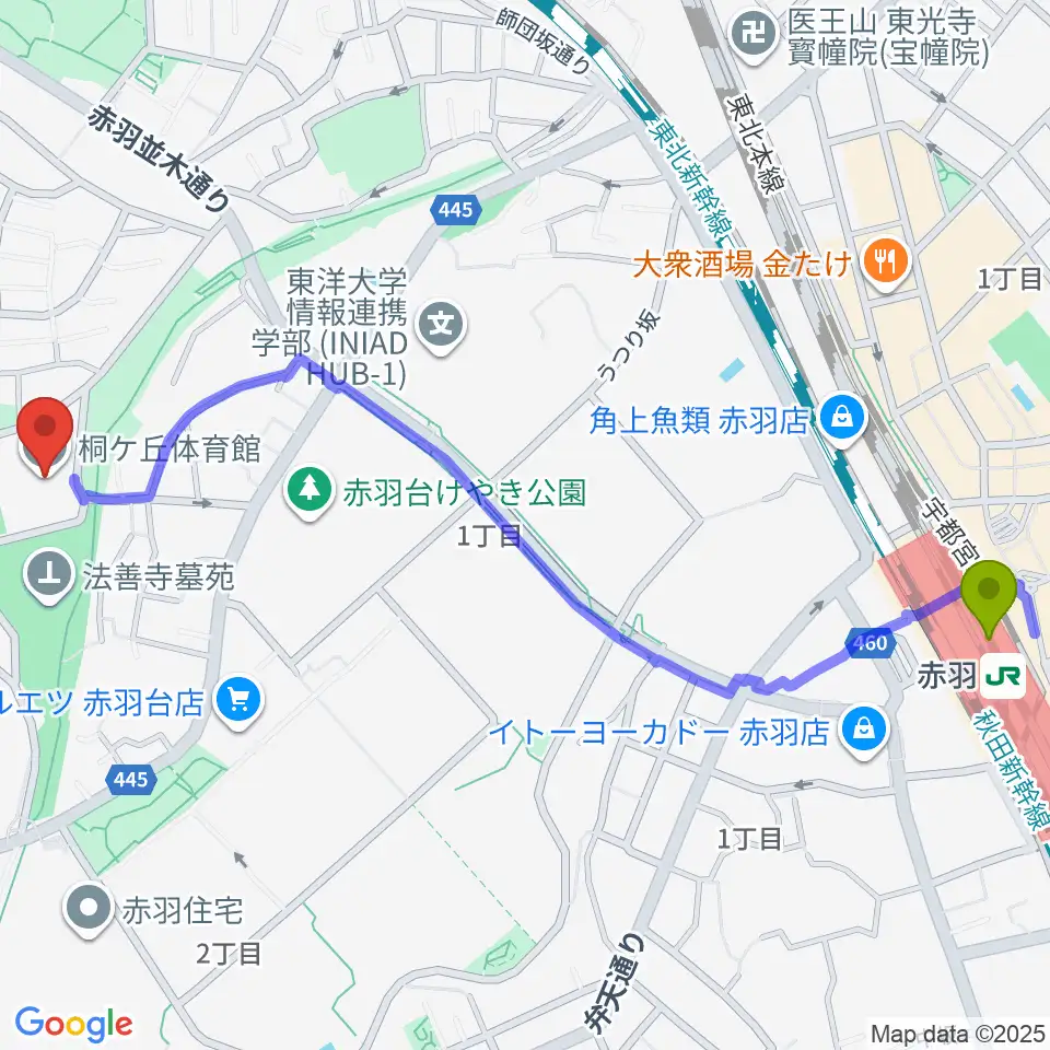 桐ケ丘体育館の最寄駅赤羽駅からの徒歩ルート（約14分）地図