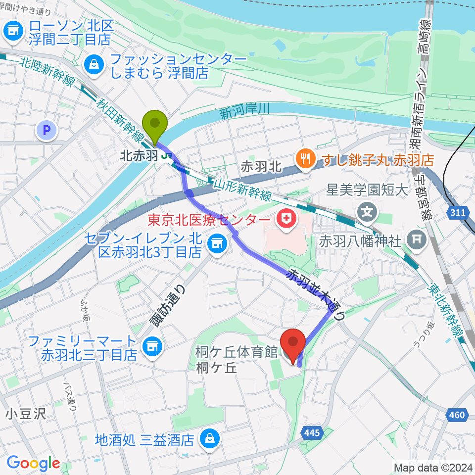 北赤羽駅から桐ケ丘体育館へのルートマップ地図